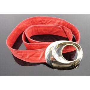 VTG Cherry Red Leather Belt LG Silver Buckle Dress Sweater 42" long 1.5" wide